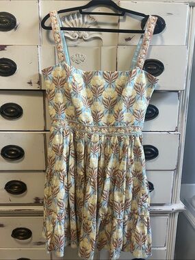 Agua Bendita Light Blue and Cream Floral Mini Dress